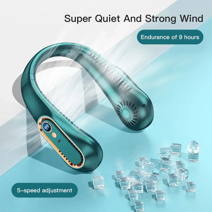 Accessoire tech: mini ventilateur de cou sans pales, design ergonomique. Rafraîchisseur portable et rechargeable.