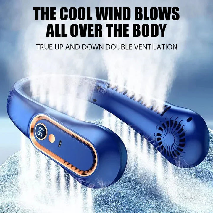 Ventilateur de cou portable et rechargeable, technologie sans pales. Idéal pour un été confortable et mains libres.