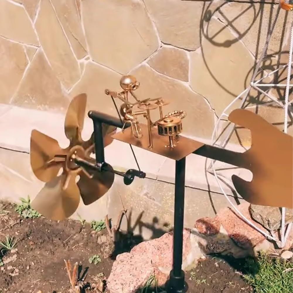 Décoration jardin mobile éolien musical groupe de rock, avec figurines de guitariste et batteur. Art extérieur pour terrasse et balcon.
