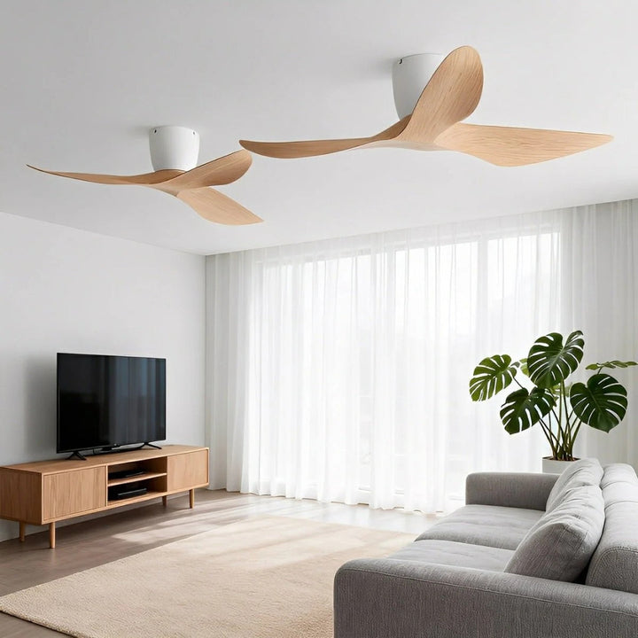 Ventilateur de plafond élégant et silencieux, pales en bois, améliore décoration et confort maison.