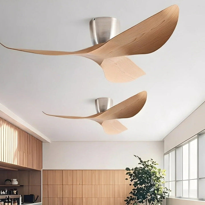 Ventilateur de plafond été/hiver, silencieux, économe, design moderne avec pales en bois.
