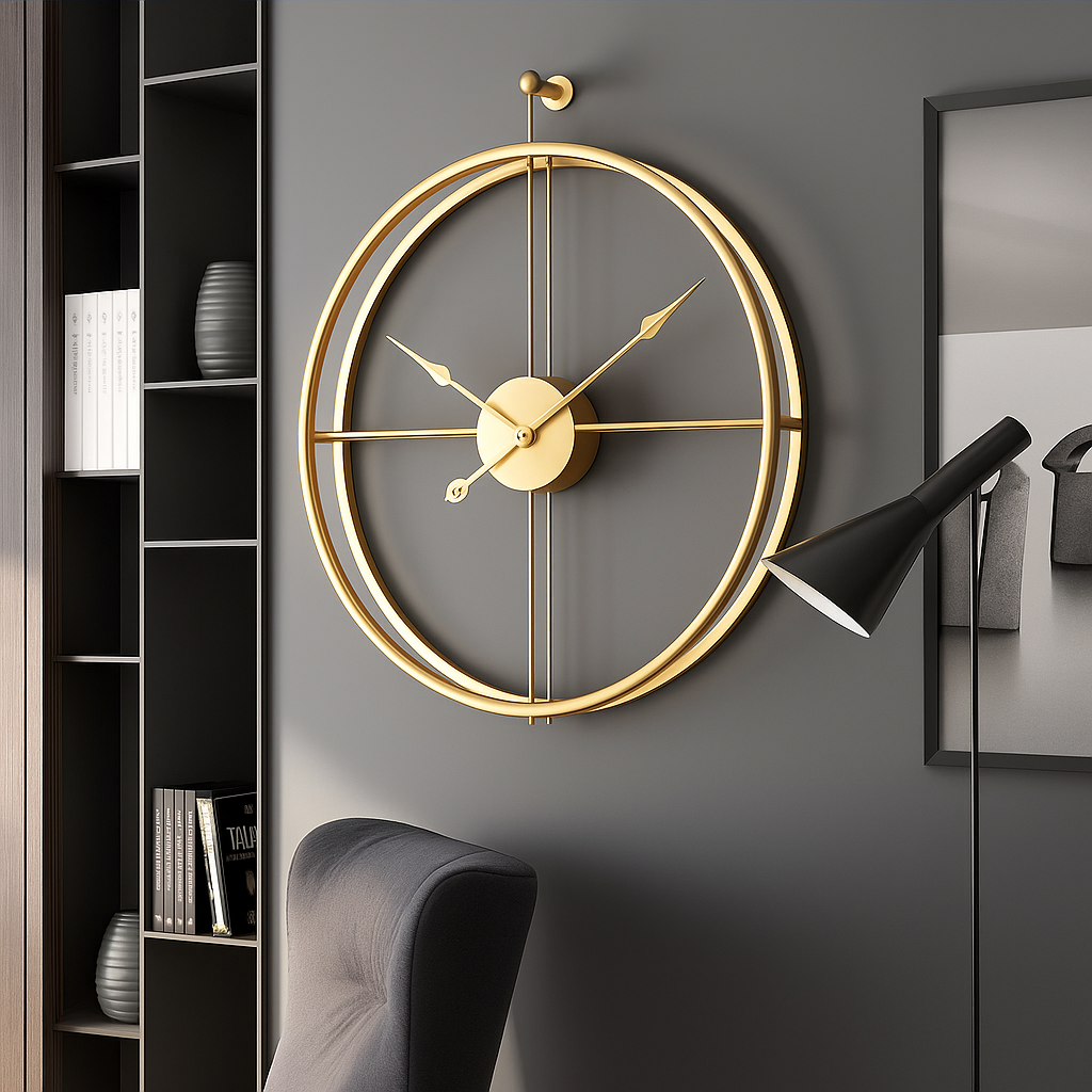 Horloge murale silencieuse design moderne noir et doré, 55-60 cm.