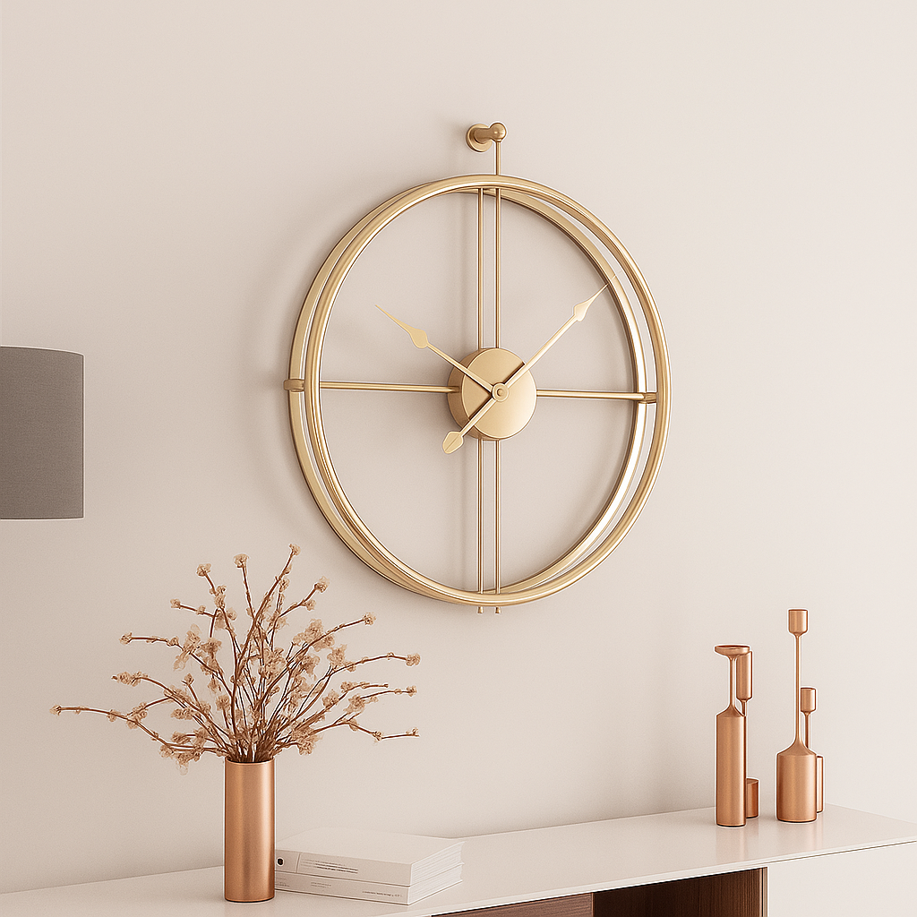 Grande horloge murale silencieuse, style contemporain noir et or, décoration intérieure.