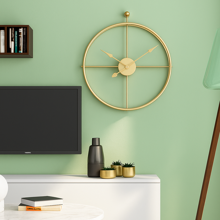 Horloge contemporaine silencieuse noire et dorée, parfaite pour décoration d'intérieur moderne.