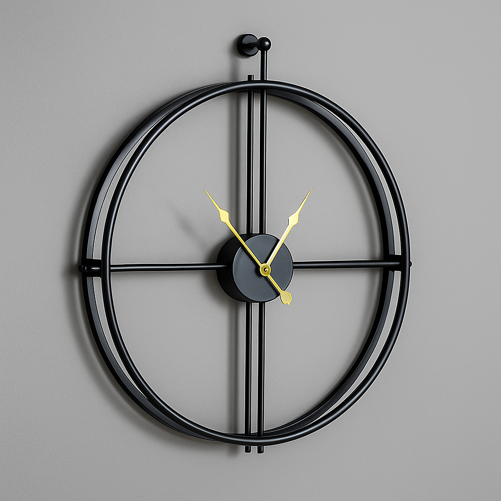 Horloge murale 55-60cm, design moderne noir et or, mécanisme silencieux pour salon.