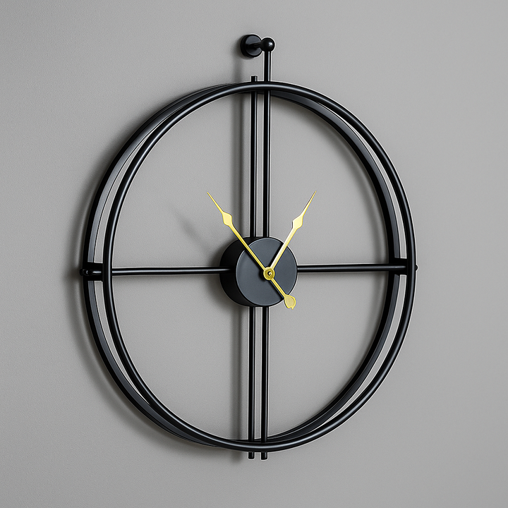 Horloge murale 55-60cm, design moderne noir et or, mécanisme silencieux pour salon.