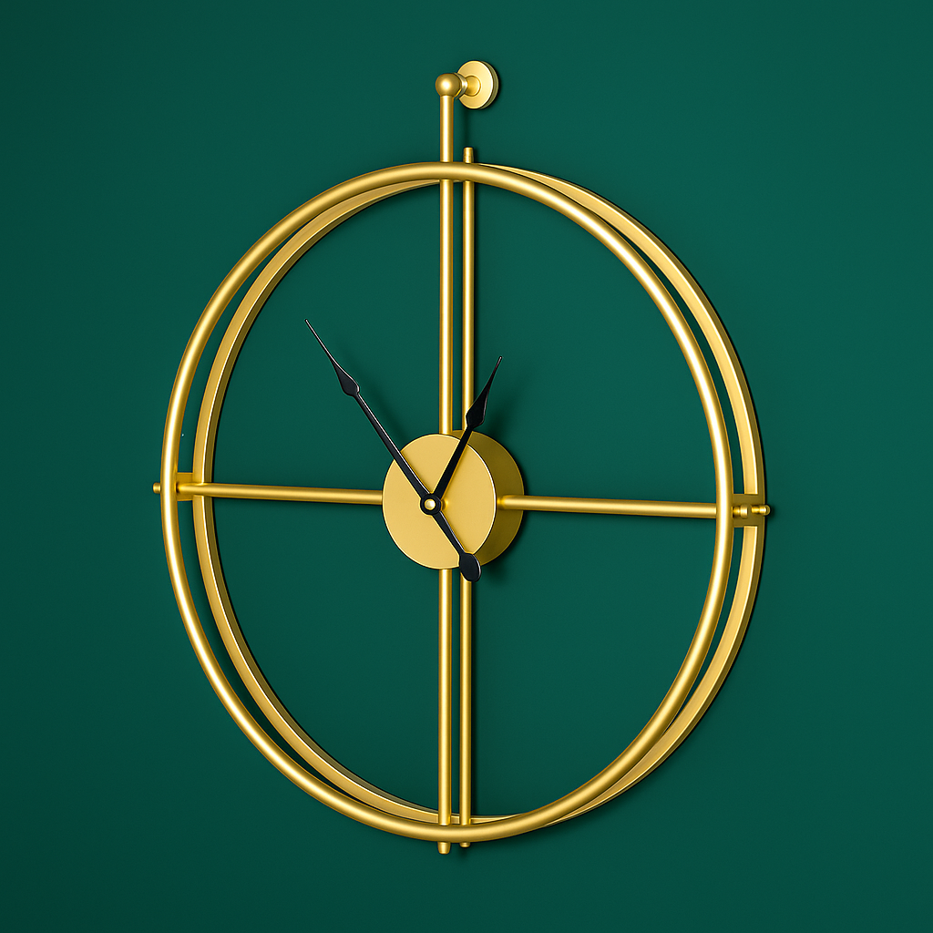 Élégante horloge murale silencieuse noire et dorée, 55cm, style moderne pour intérieur contemporain.