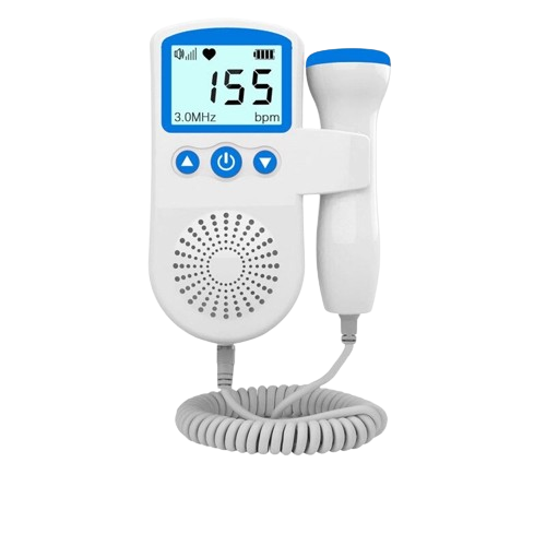 Écran numérique du doppler fœtal portable affichant la fréquence cardiaque du bébé, rassurant les femmes enceintes.