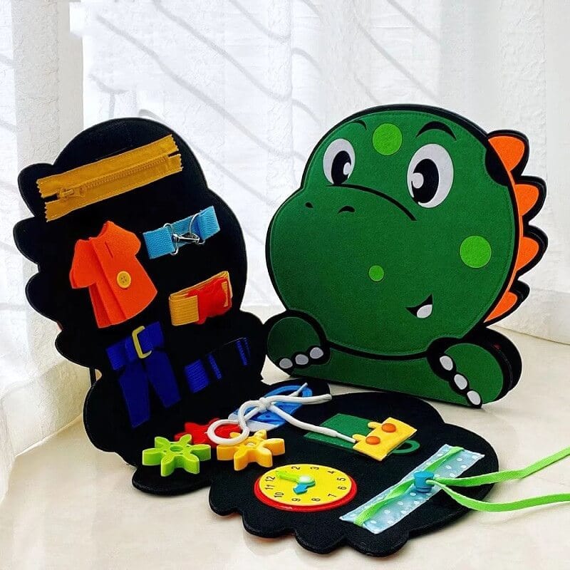 Jouet d'éveil Montessori dinosaure en feutre, développe la motricité et l'autonomie des enfants.