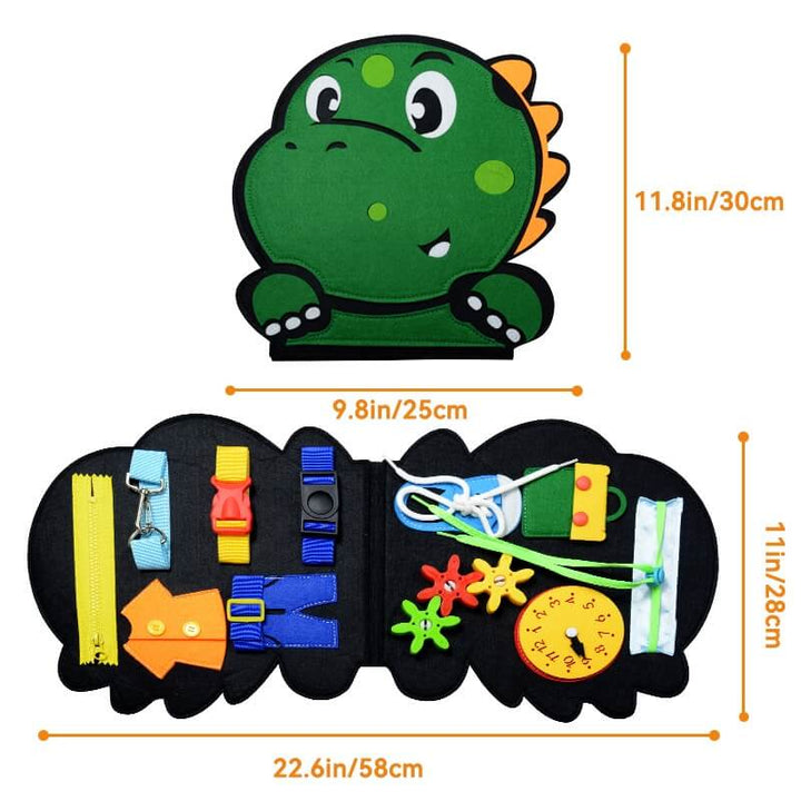 Planche d'activités Montessori Dino, avec attaches et textures pour l'éveil et la motricité des enfants.