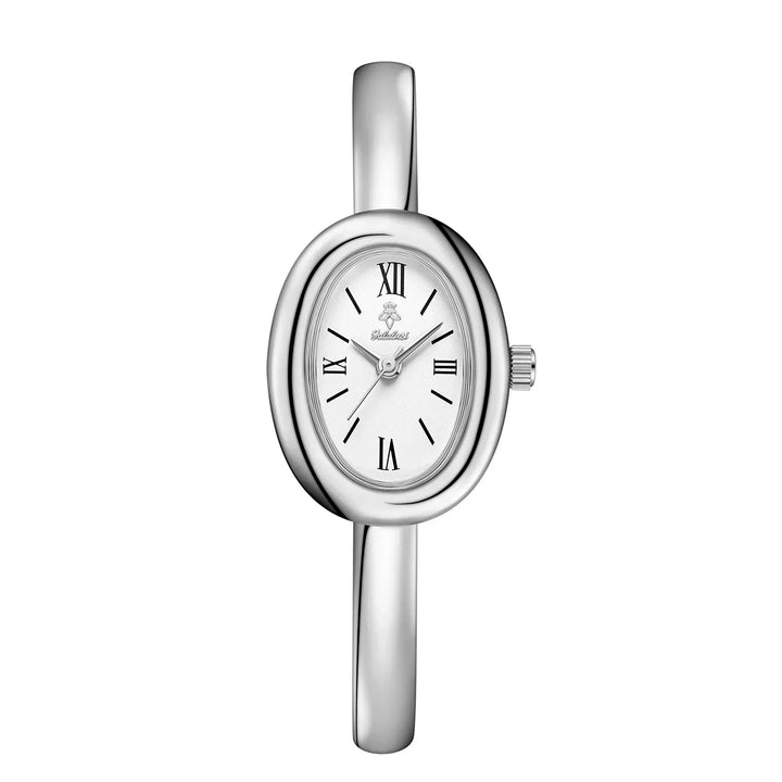 Montre femme argentée à cadran ovale et bracelet jonc, design moderne et féminin, un bijou chic.
