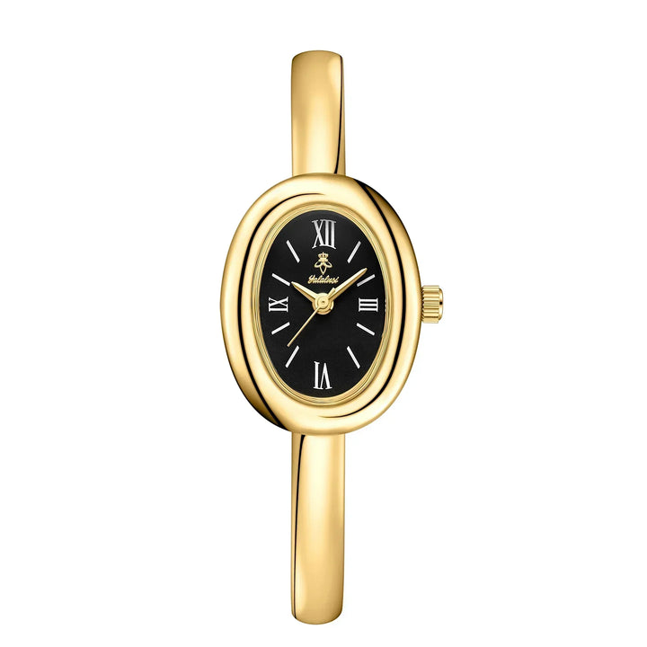 Montre femme dorée, cadran ovale, bracelet jonc, bijou classique et élégant, parfait pour un cadeau.