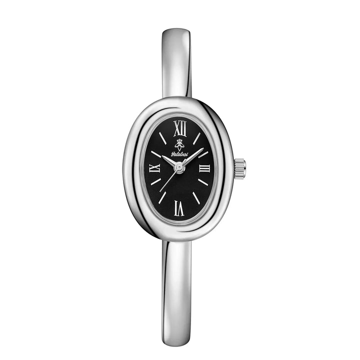 Montre femme finition métal, cadran ovale discret, bracelet jonc. Un bijou intemporel et chic.