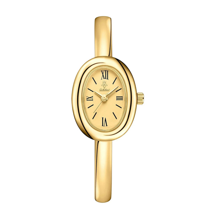 Montre femme ovale et bracelet jonc, fusion moderne classique. Un bijou féminin unique, sophistiqué.