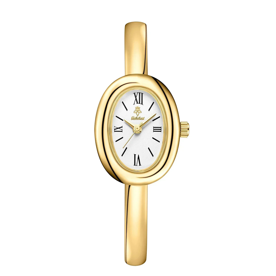 Montre femme cadran ovale unique, bracelet jonc fin. Élégante et discrète, accessoire horlogerie raffinée.