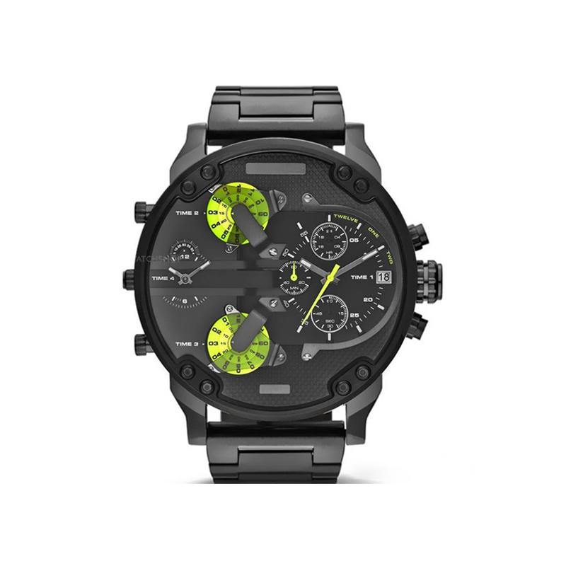 Montre chronographe quartz pour hommes, bracelet acier inoxydable, cadran noir. Élégance moderne.