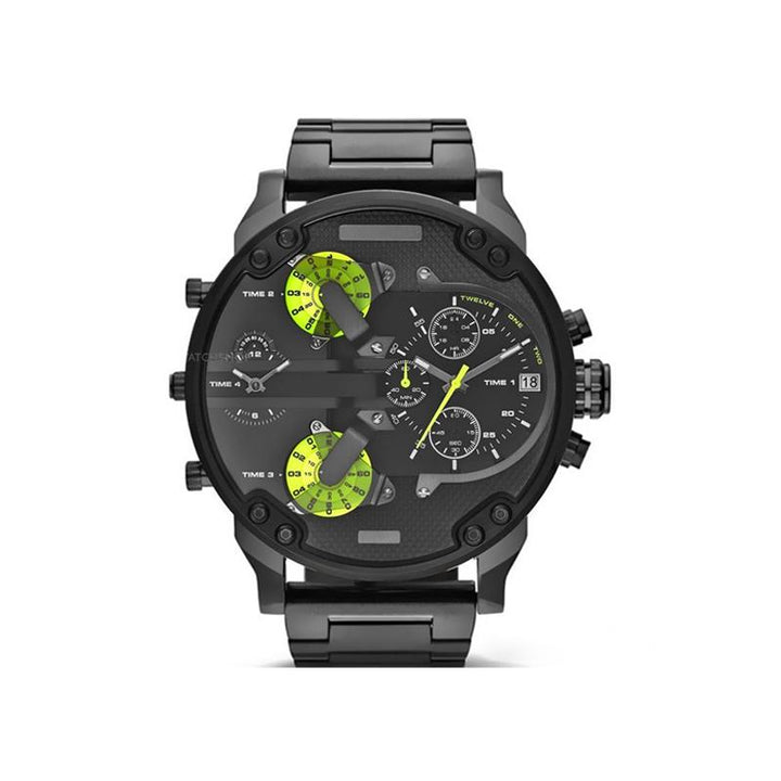Montre chronographe quartz pour hommes, bracelet acier inoxydable, cadran noir. Élégance moderne.