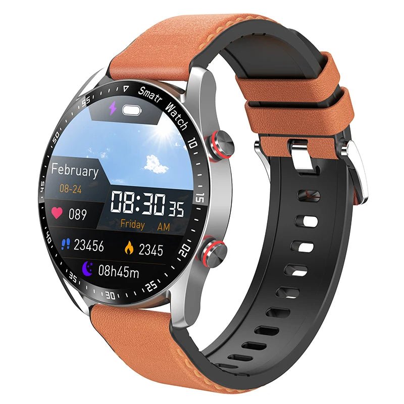 Écran montre connectée affichant glycémie, fréquence cardiaque, sommeil et podomètre pour un suivi complet.