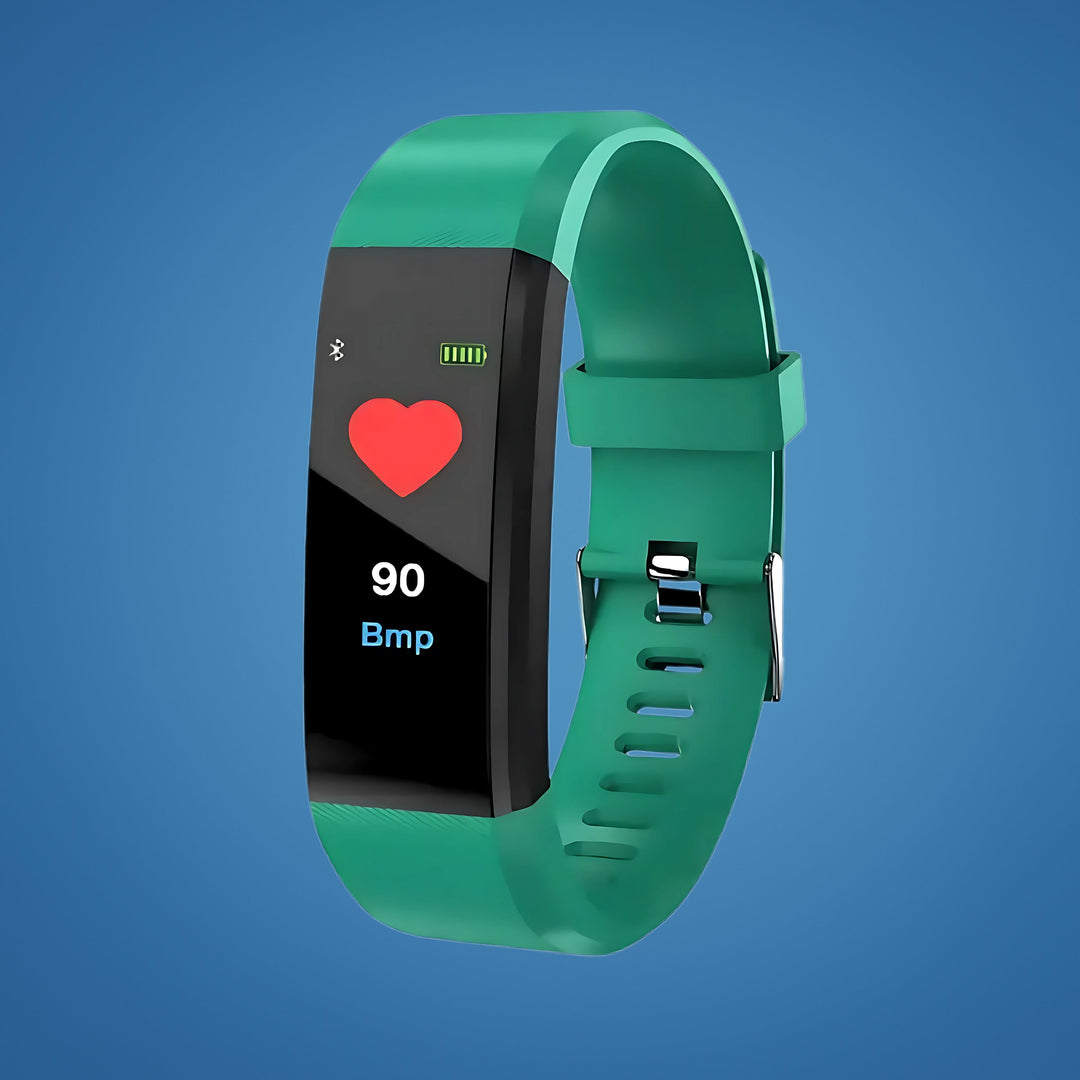 Écran de montre connectée seniors montrant le suivi du rythme cardiaque et des pas quotidiens, pour un bien-être optimal.