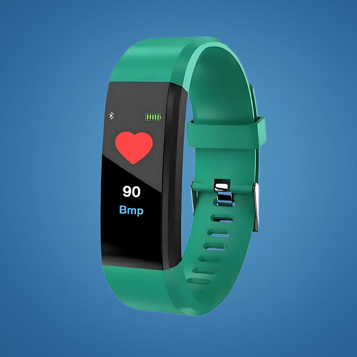 Écran de montre connectée seniors montrant le suivi du rythme cardiaque et des pas quotidiens, pour un bien-être optimal.