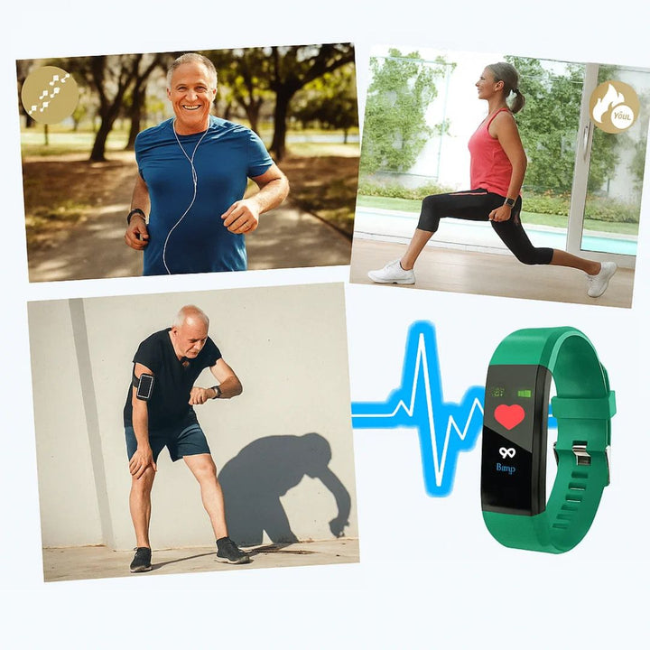 Design ergonomique de la montre connectée seniors au poignet, confort et technologie portable pour personnes âgées.