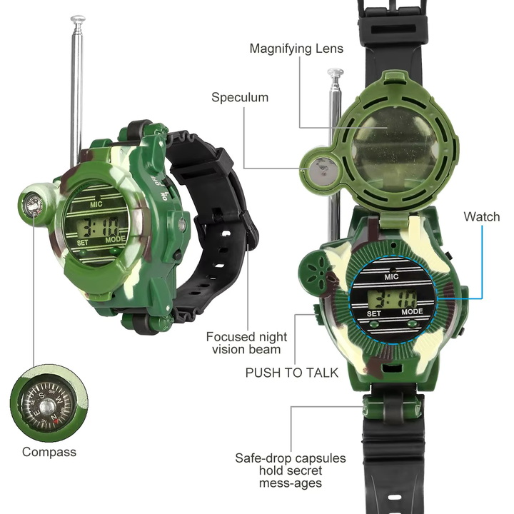 Montre enfant talkie-walkie camouflage pour communication sans fil lors des explorations et jeux d'extérieur.