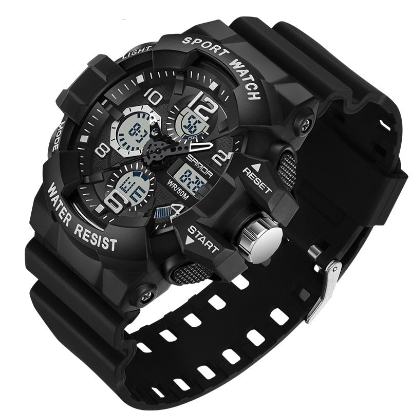Montre homme numérique robuste et étanche, style militaire, conçue pour environnements extérieurs.