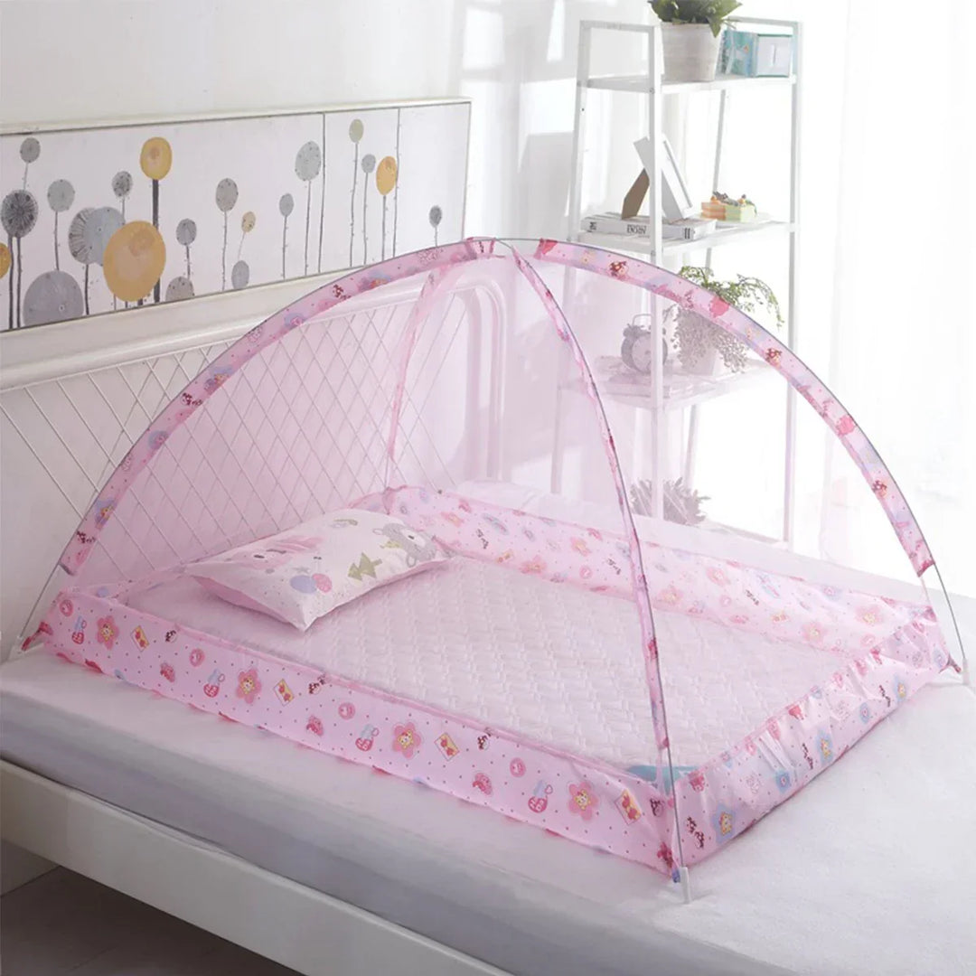 Moustiquaire portable rose pour enfant, pliable, offre une protection anti-insectes efficace et un sommeil paisible.