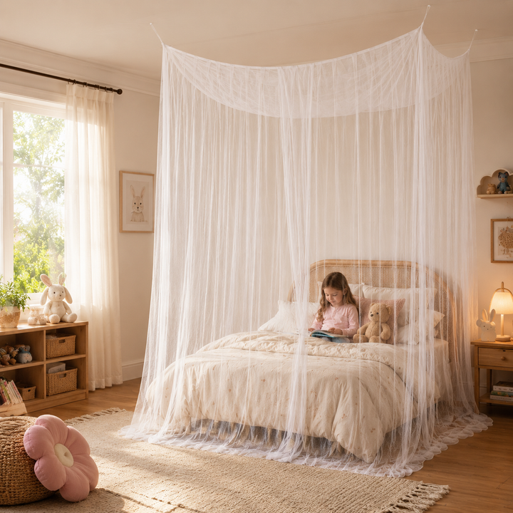 Moustiquaire suspendue grand format pour lit double, assure un sommeil sans insectes à l'intérieur.