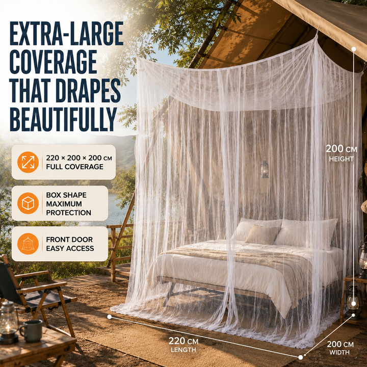Barrière anti-insectes XL suspendue, moustiquaire pour lit ou espace de camping, protection optimale.