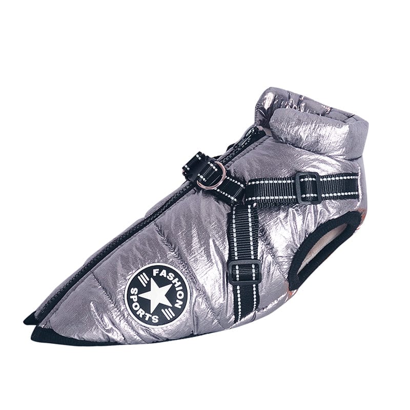 Harnais et veste chien tout-en-un, imperméable, chaud, parfait pour l'aventure hivernale.
