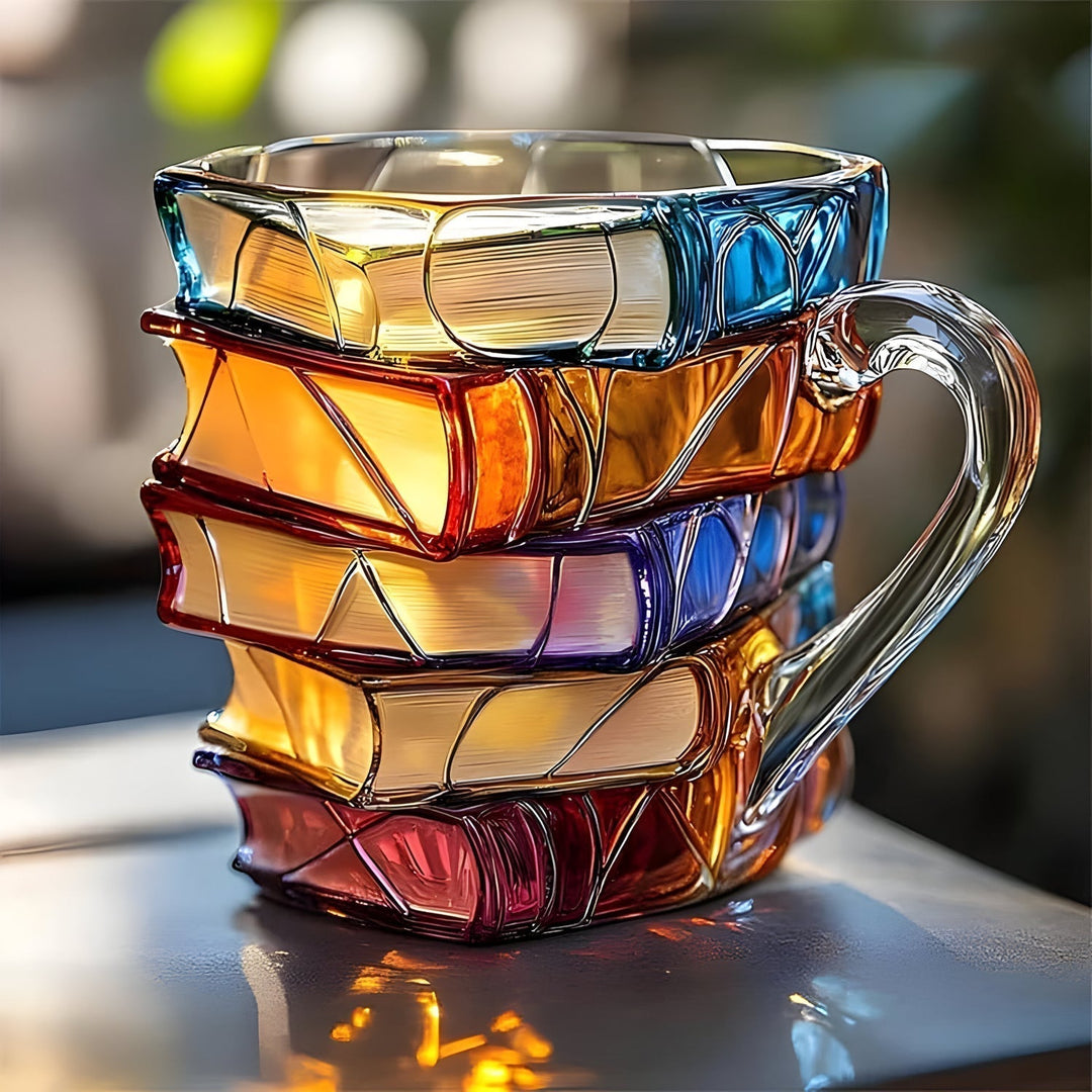 Tasse à café 3D en résine, design livres empilés, idéale pour les amoureux de lecture. Mug littéraire original.