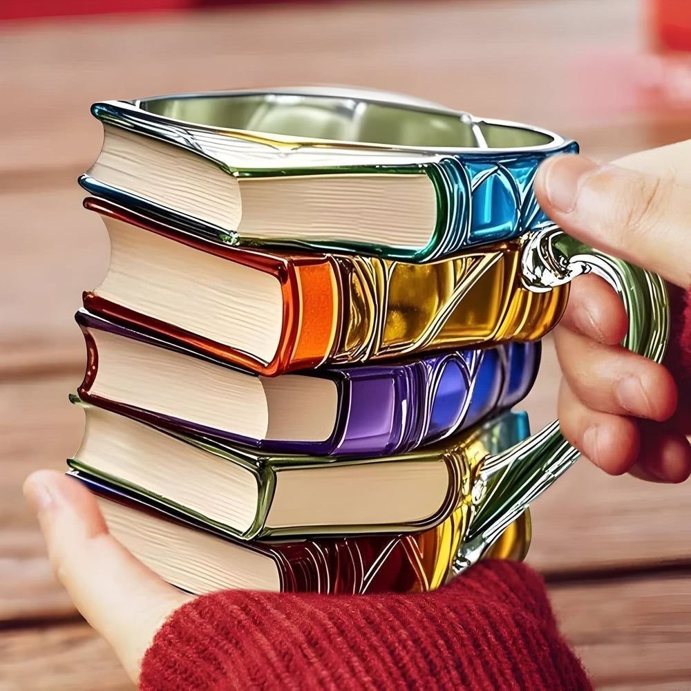 Cadeau parfait pour lecteurs: tasse à café en résine, motif livres empilés 3D. Mug original pour passionnés de livres.