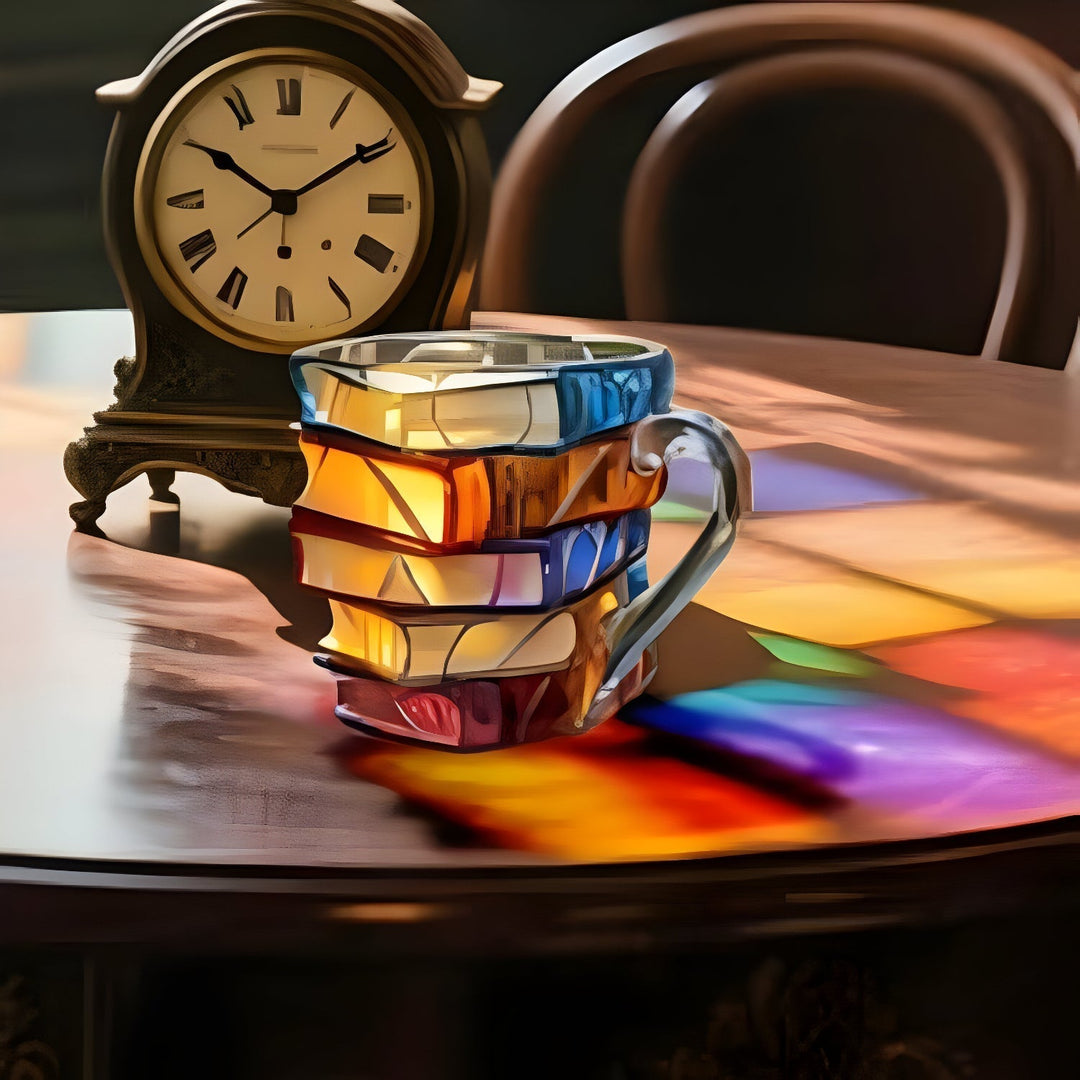Mug original en résine 3D, forme livres empilés. Parfait pour les passionnés de lecture et les boissons chaudes.