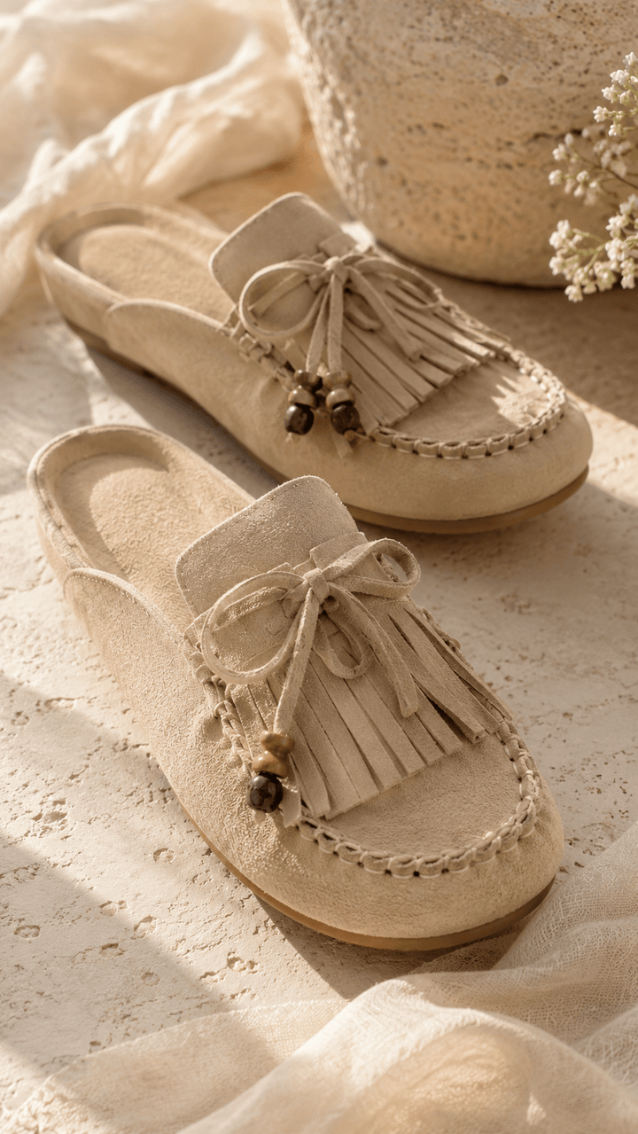 Mules plates bohèmes pour femme, ornées de franges et perles délicates, confortables et stylées.