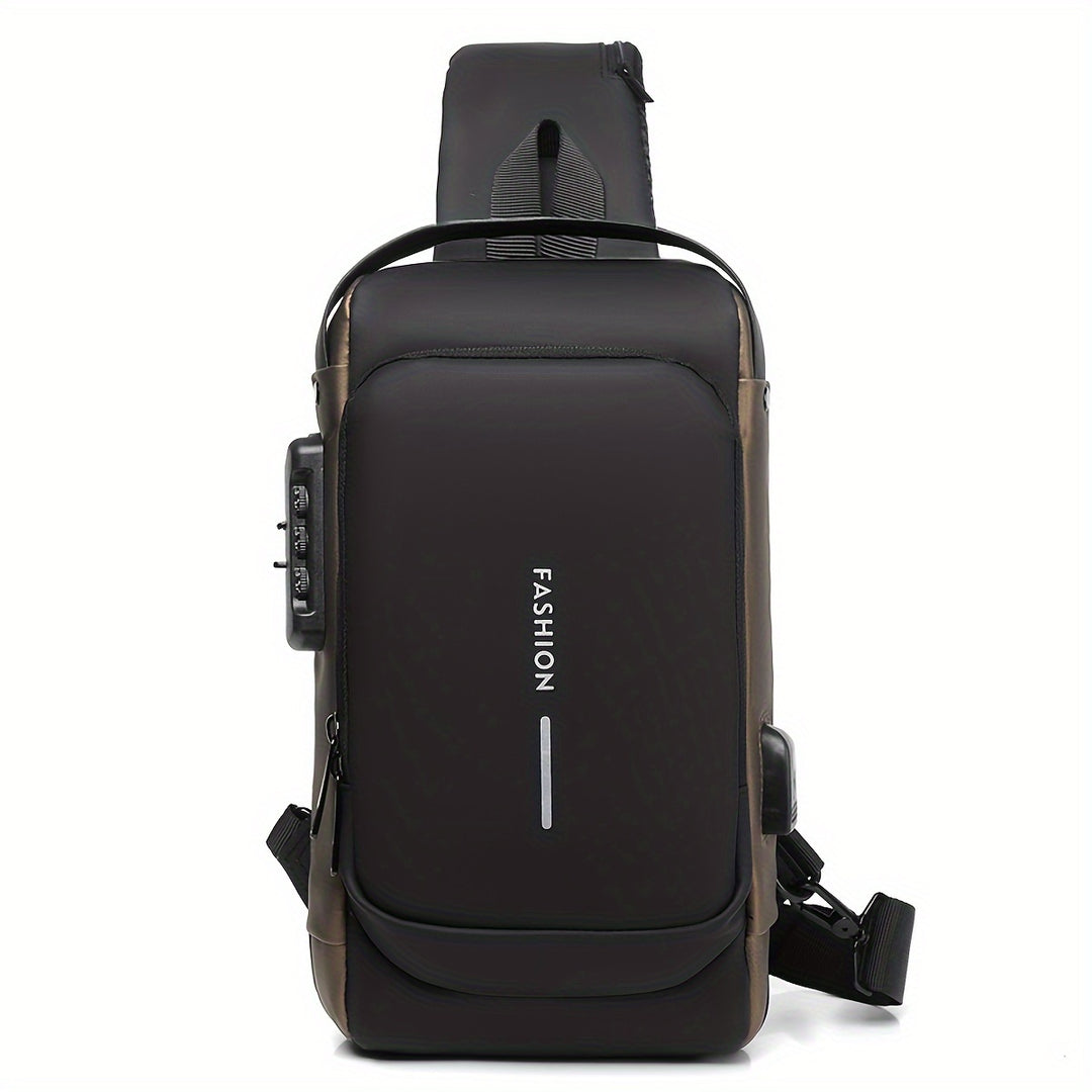 Sac crossbody élégant bleu marine pour homme, anti-vol, avec chargeur USB intégré.