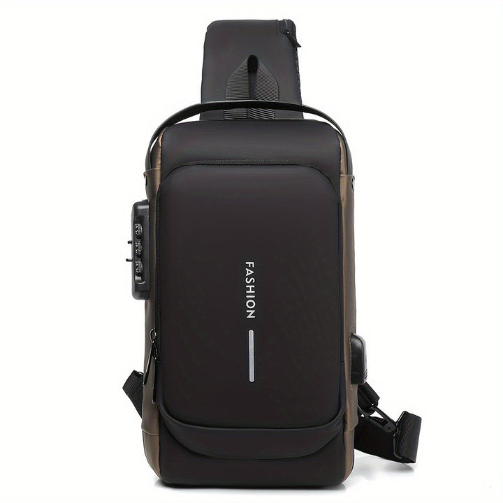 Sac crossbody élégant bleu marine pour homme, anti-vol, avec chargeur USB intégré.