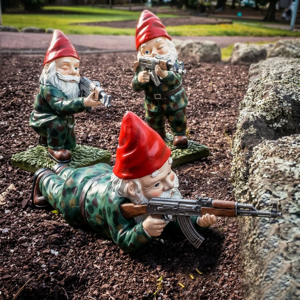 Statue unique de nain de jardin guerrier, gardien amusant pour décorer l'extérieur avec humour.