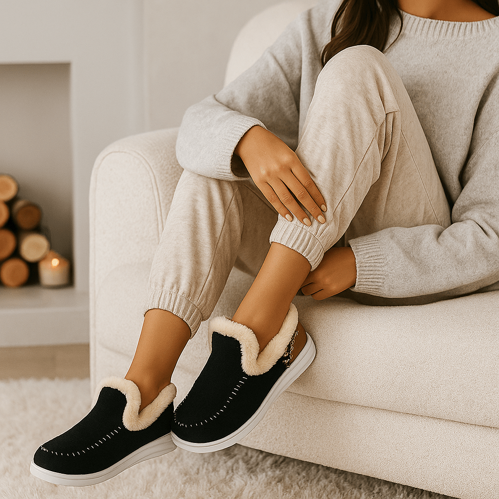 Pantoufles femme confortables effet peluche, douces et chaudes pour l'hiver à la maison et la détente.