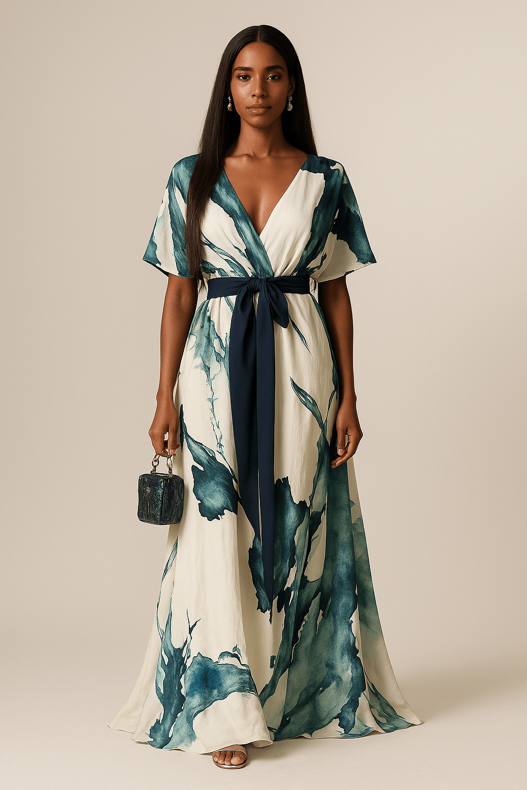 Robe maxi femme élégante à imprimé aquarelle fluide, parfaite pour l'été ou une soirée chic.