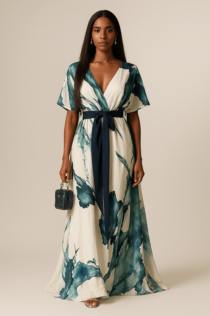 Robe maxi femme élégante à imprimé aquarelle fluide, parfaite pour l'été ou une soirée chic.