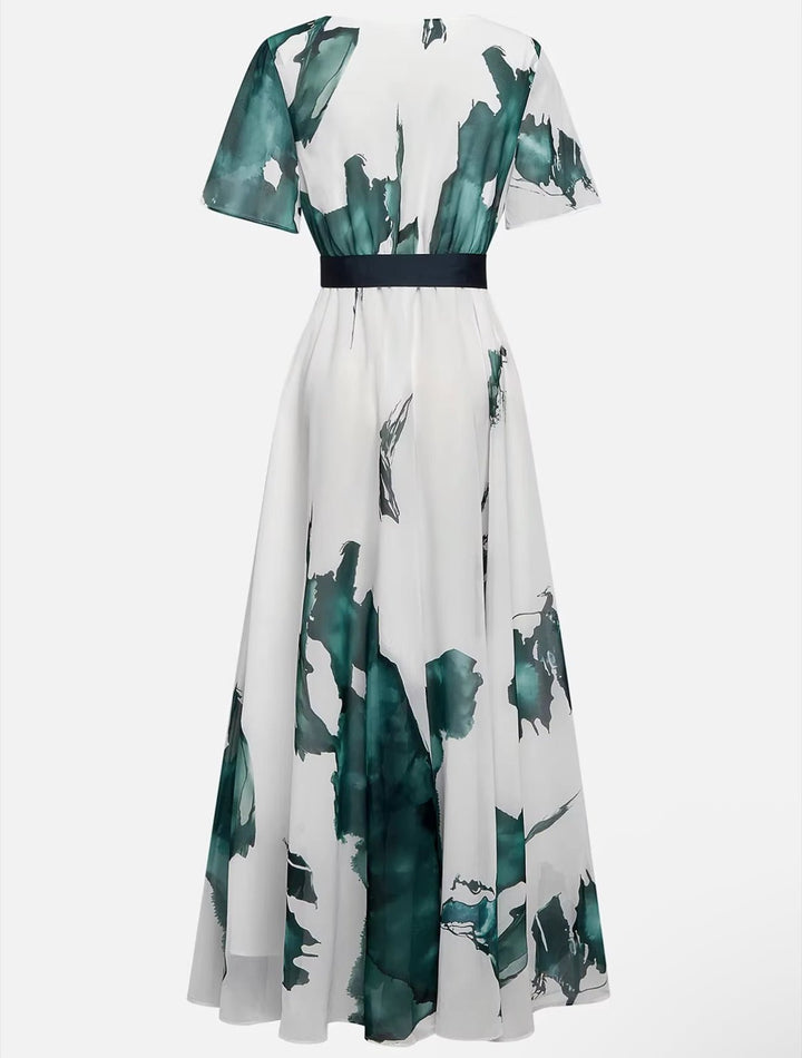 Robe d'été femme maxi, col V, motif aquarelle abstrait. Robe longue fluide et confortable, idéale pour la journée.