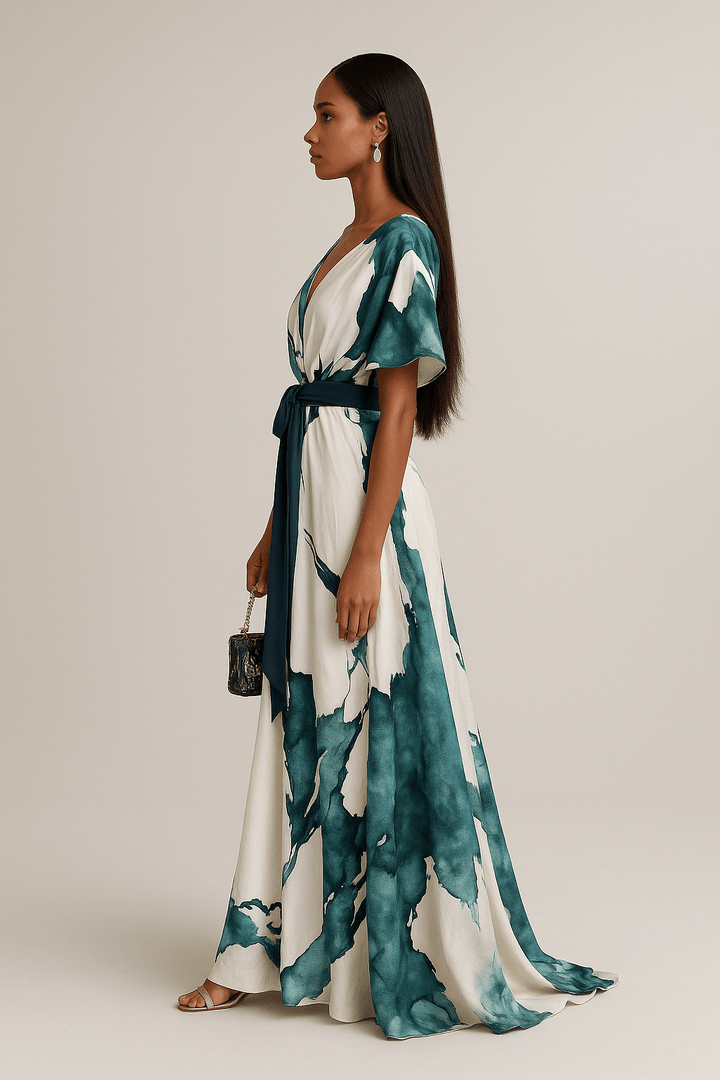 Robe longue femme chic avec col en V, imprimé aquarelle unique, idéale pour mariage ou tenue décontractée.
