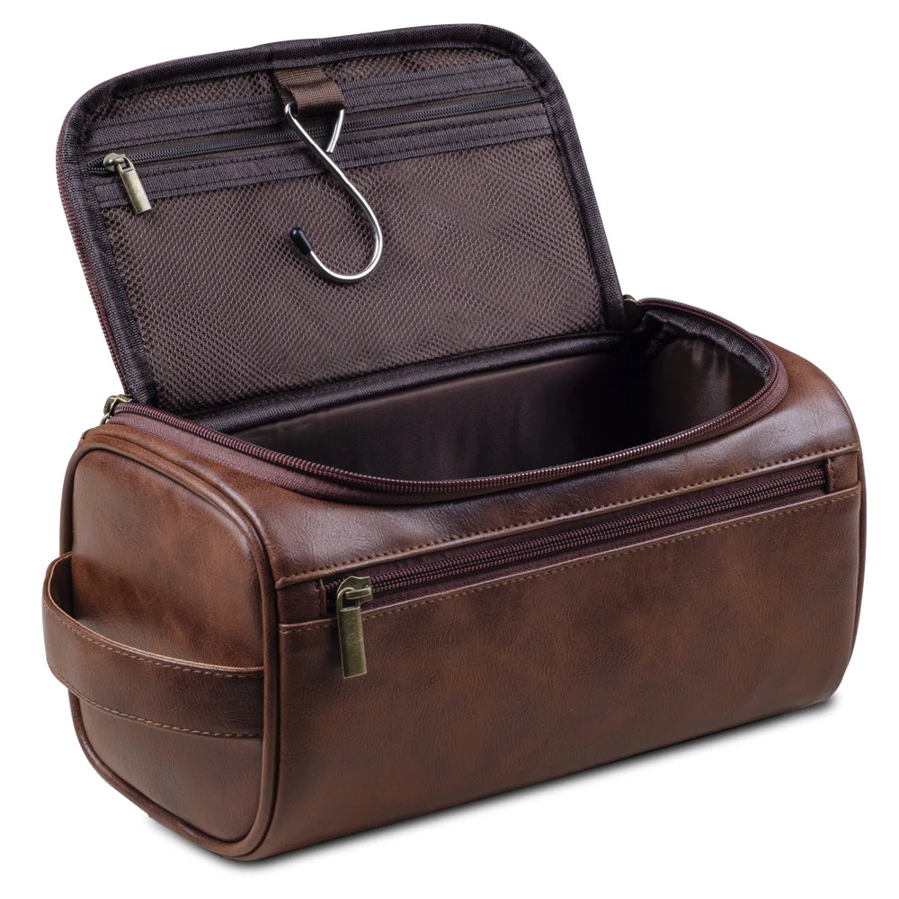 Trousse de toilette unisexe de luxe marron, organisateur de voyage élégant pour hommes et femmes, rangement facile.