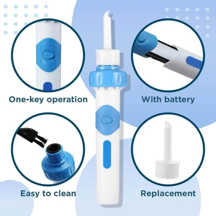 Nettoyeur d'oreilles électrique avec embouts en silicone hypoallergénique, pour un nettoyage doux et sûr.