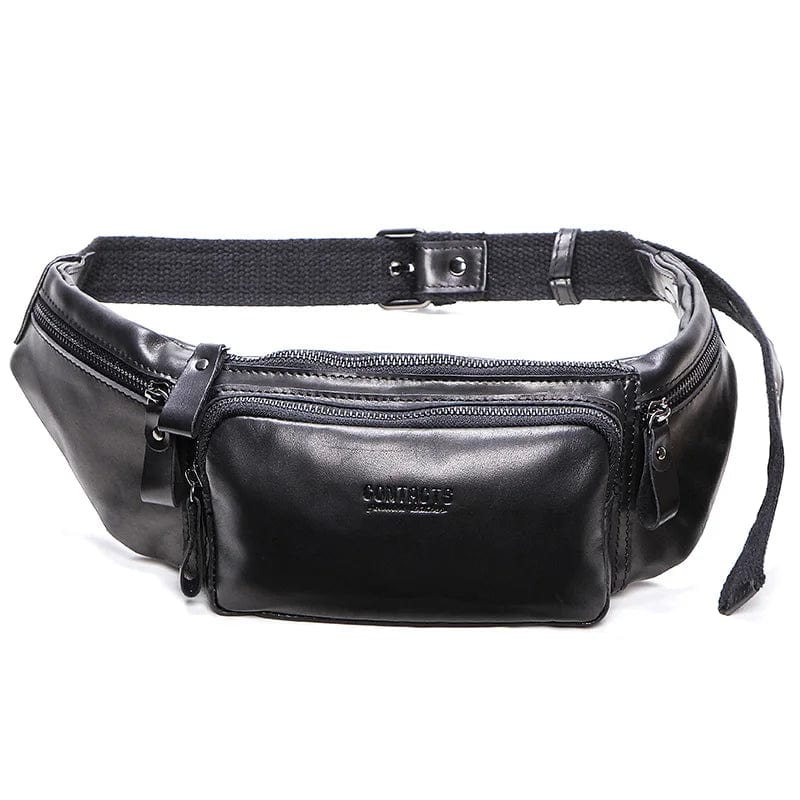 Texture gros plan sac banane homme en cuir véritable, maroquinerie de qualité supérieure.