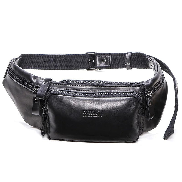 Texture gros plan sac banane homme en cuir véritable, maroquinerie de qualité supérieure.