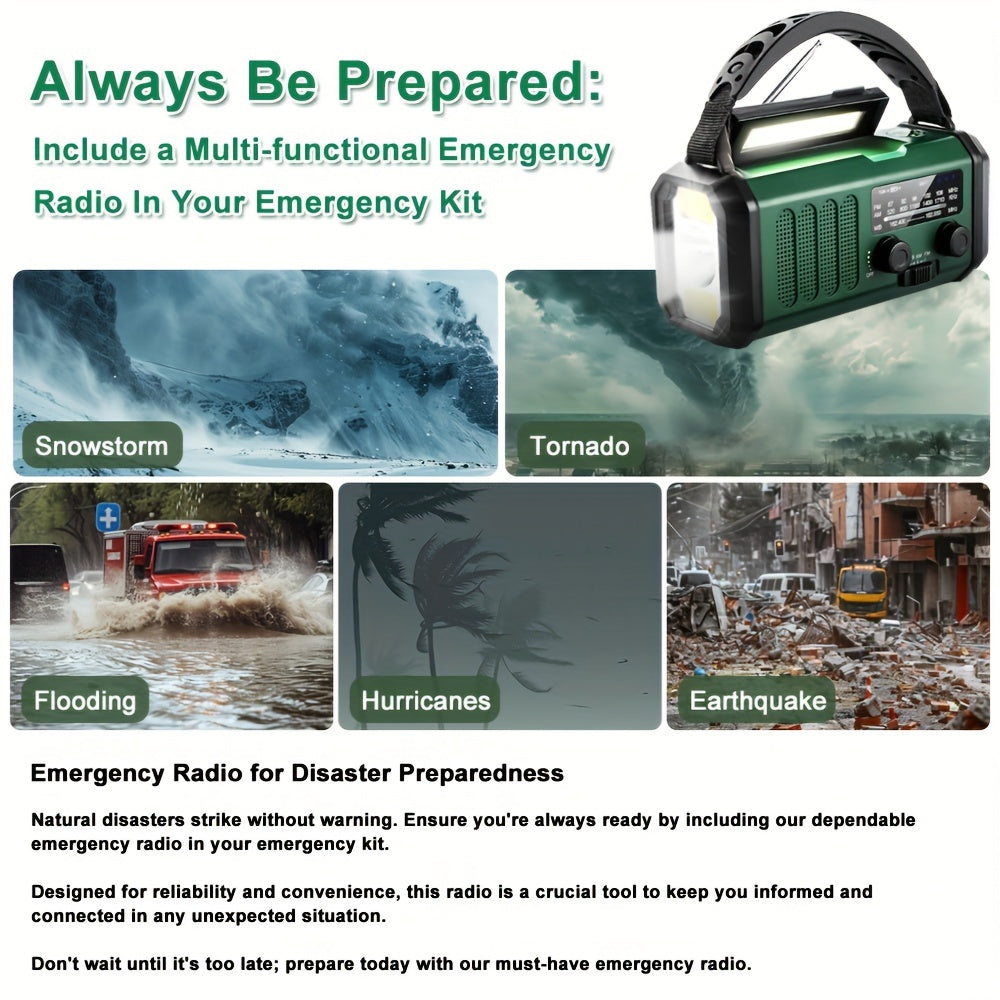 Radio portable AM/FM avec chargement solaire, dynamo, batterie 10000mAh et alerte SOS.