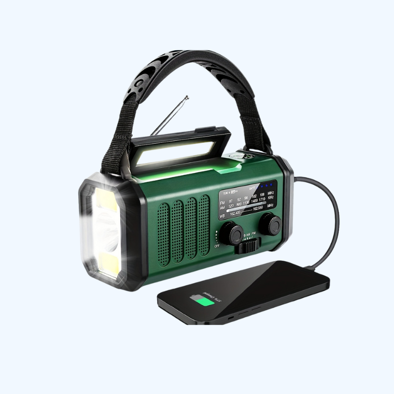 Radio solaire AM/FM 10000mAh avec fonction powerbank pour camping et préparation aux urgences.