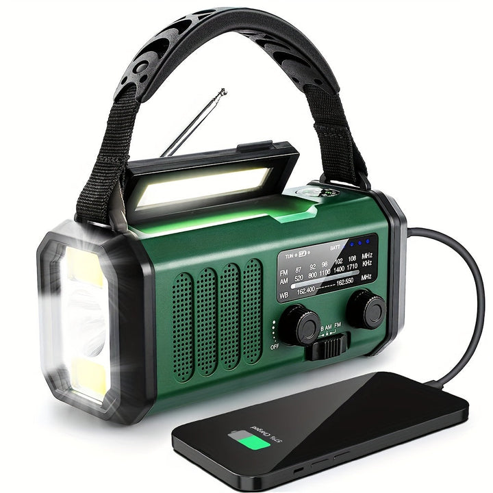 Radio d'urgence multifonction avec manivelle dynamo, chargement solaire, AM/FM et alerte SOS.
